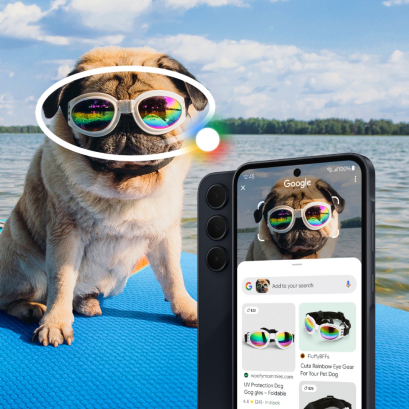 Dispositivo A35 apoyado sobre la imagen de un perro pug con gafas de natación. Las gafas están rodeadas por un círculo. Los resultados de Google para las gafas se muestran en la pantalla del dispositivo.