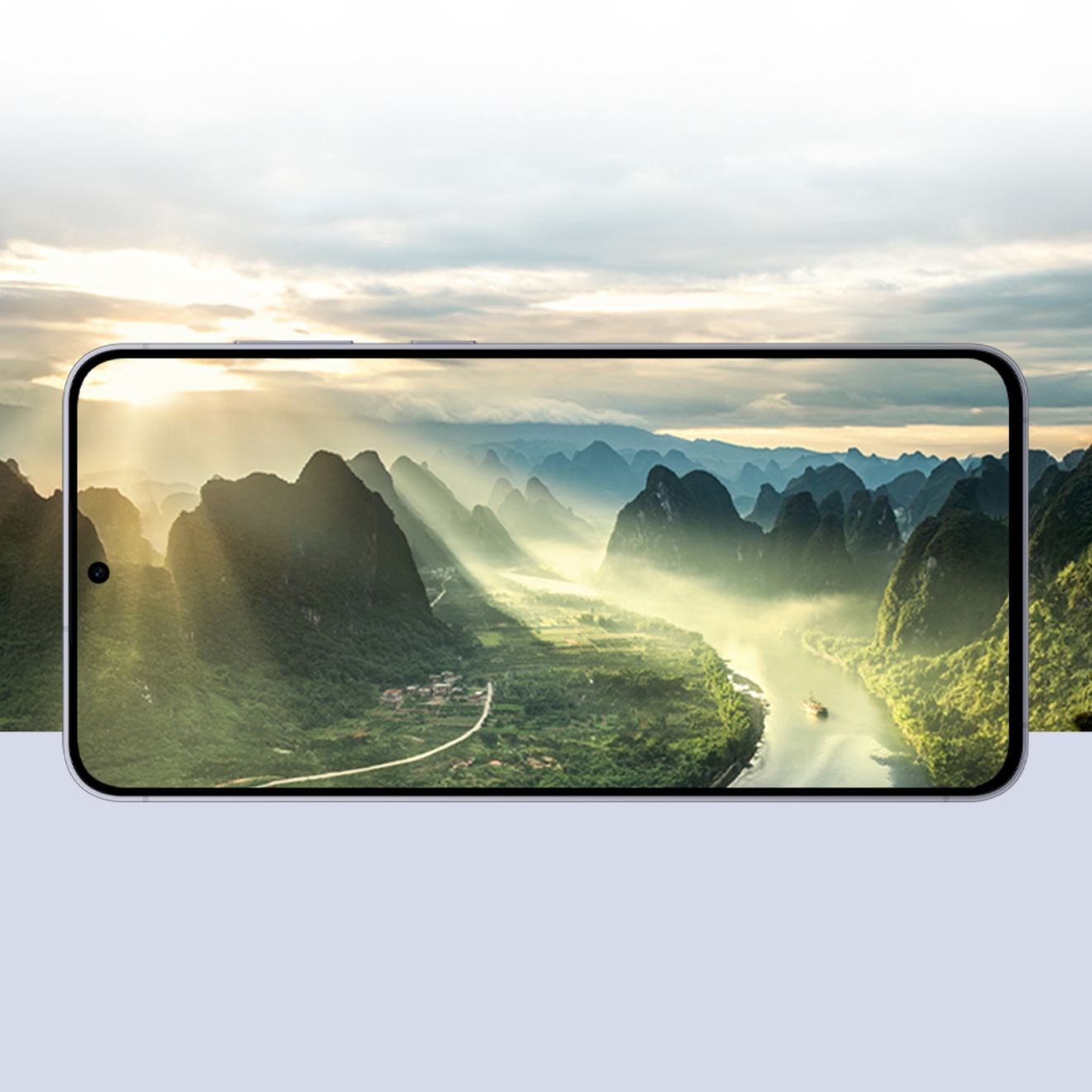 Dispositivo Samsung S25 FE horizontal que muestra un hermoso panorama de montaña