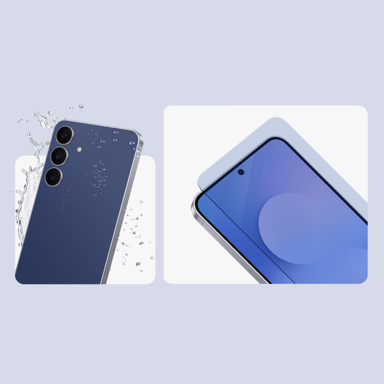 Imagen de parte posterior del teléfono S25 FE rodeada de agua e imagen de la parte frontal del teléfono S25 FE con la cubierta de la pantalla flotando sobre la superficie del teléfono