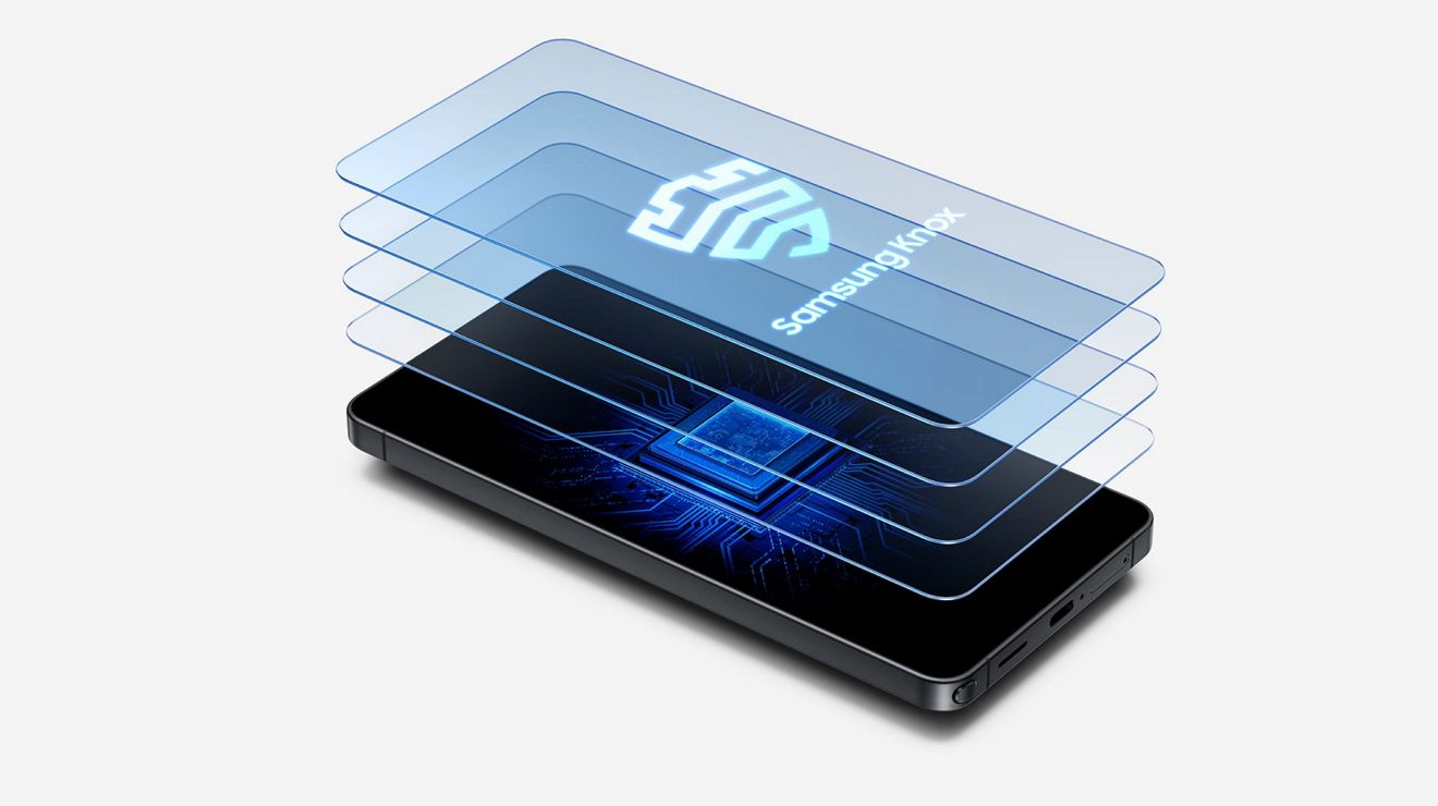 Capas transparentes que representan la seguridad de Samsung Knox se superponen sobre un teléfono móvil Galaxy.