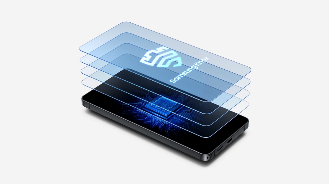 Capas transparentes que representan la seguridad de Samsung Knox se superponen sobre un teléfono móvil Galaxy.