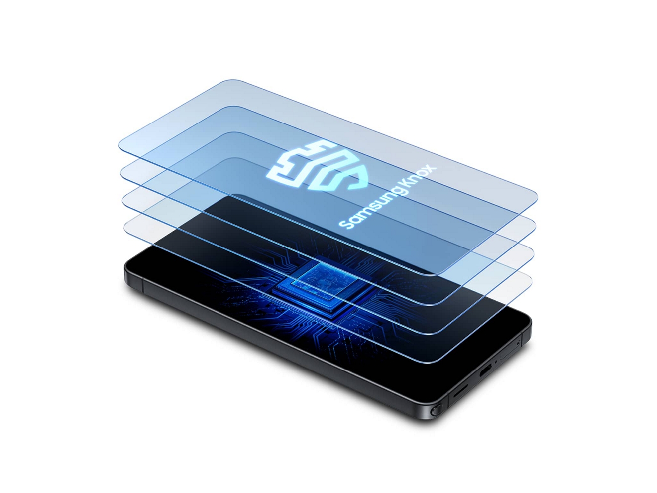 Capas transparentes que representan la seguridad de Samsung Knox se superponen sobre un teléfono móvil Galaxy.