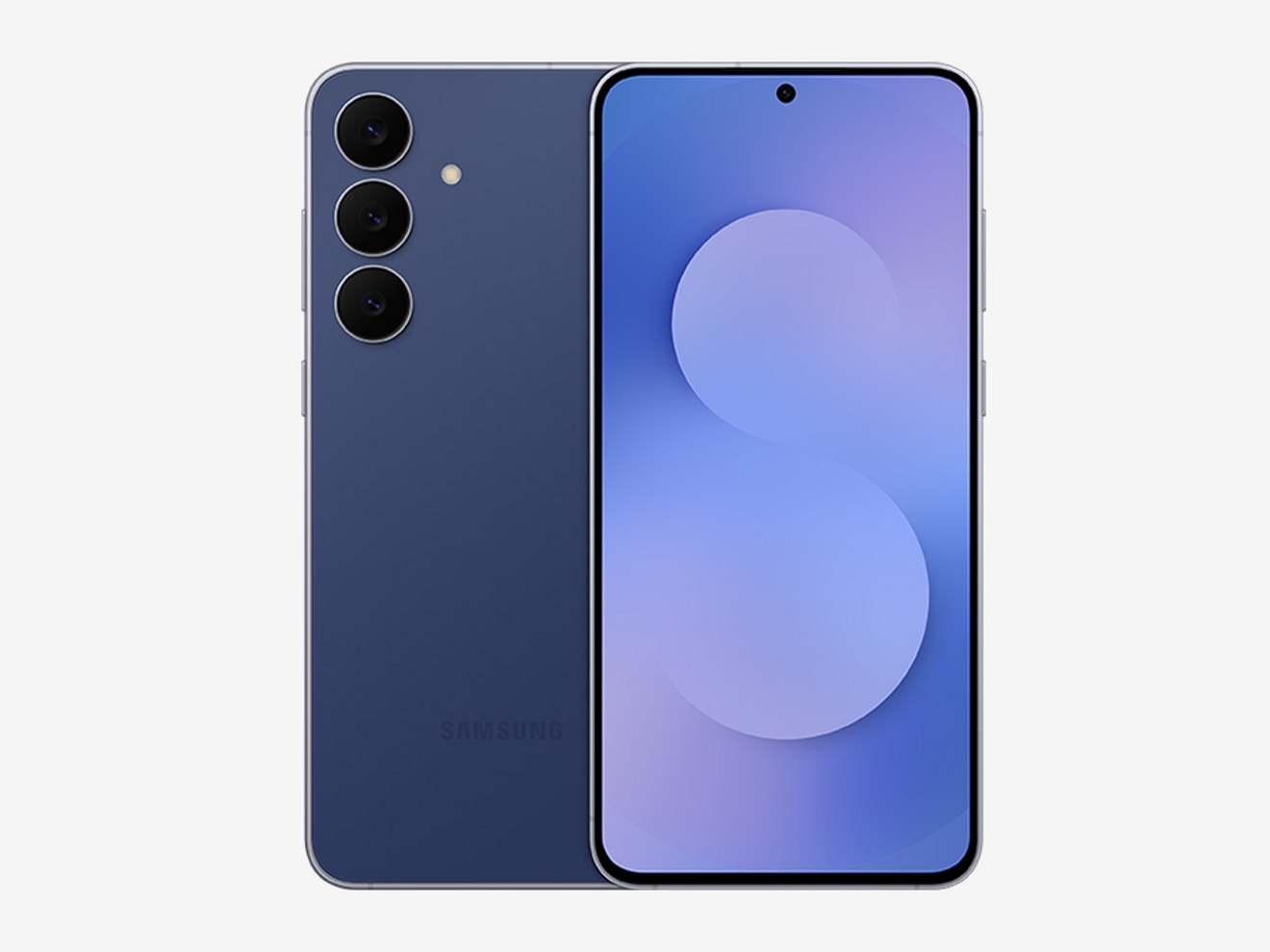 Un teléfono Galaxy S25 FE de diseño estilizado, mostrado de frente y por detrás, con un suave acabado azul y una pantalla limpia y minimalista.