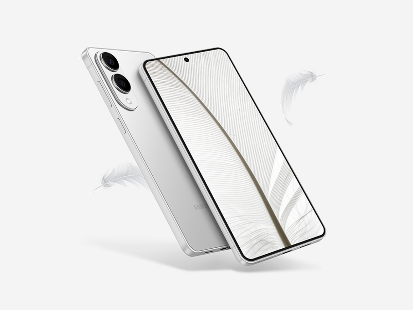 Vista frontal y posterior de los teléfonos S25 Edge con plumas en ambos lados