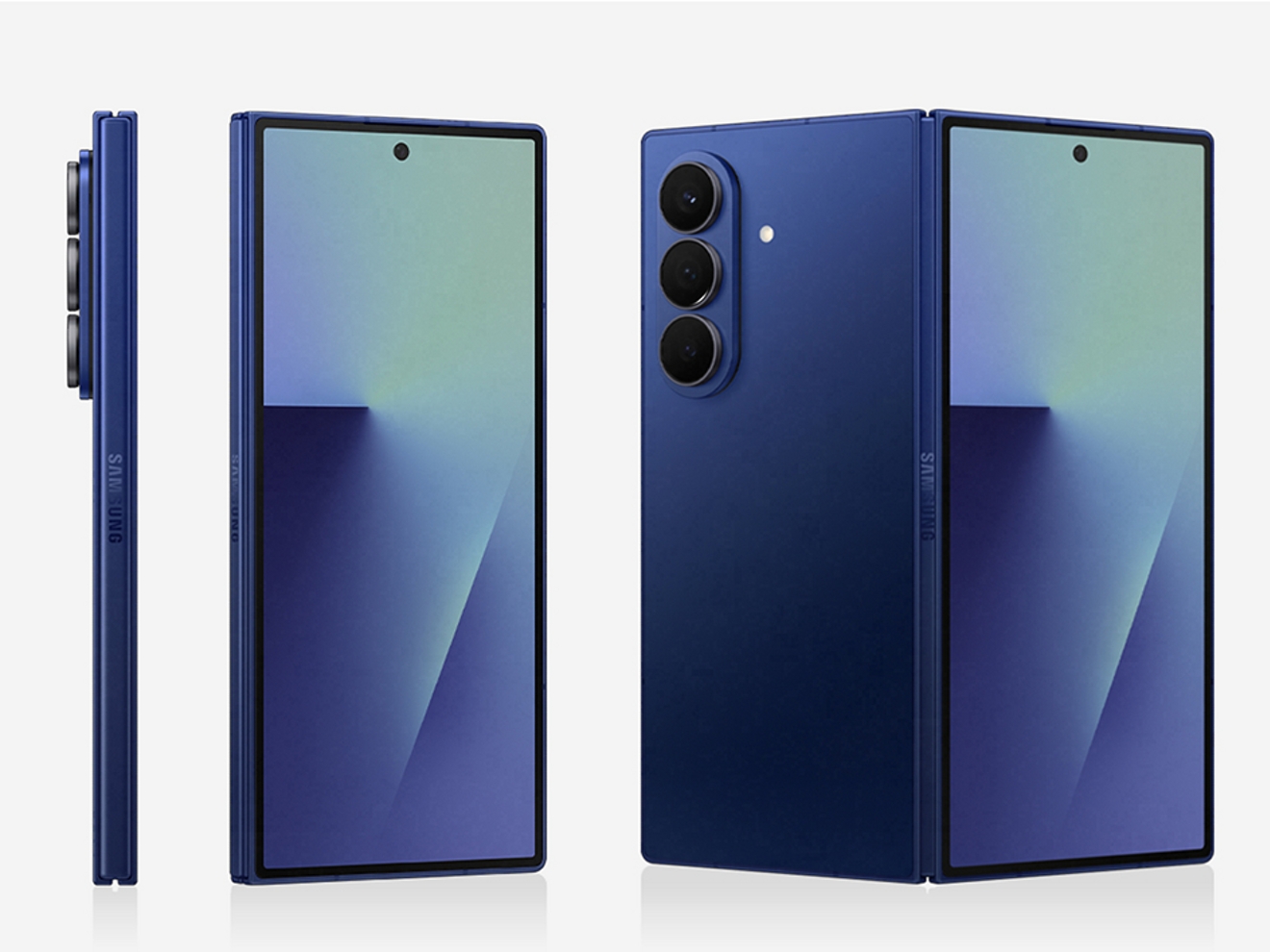 Imagen de 3 teléfonos Galaxy Z Fold7 y un cuarto teléfono que se pliega a la mitad de su tamaño