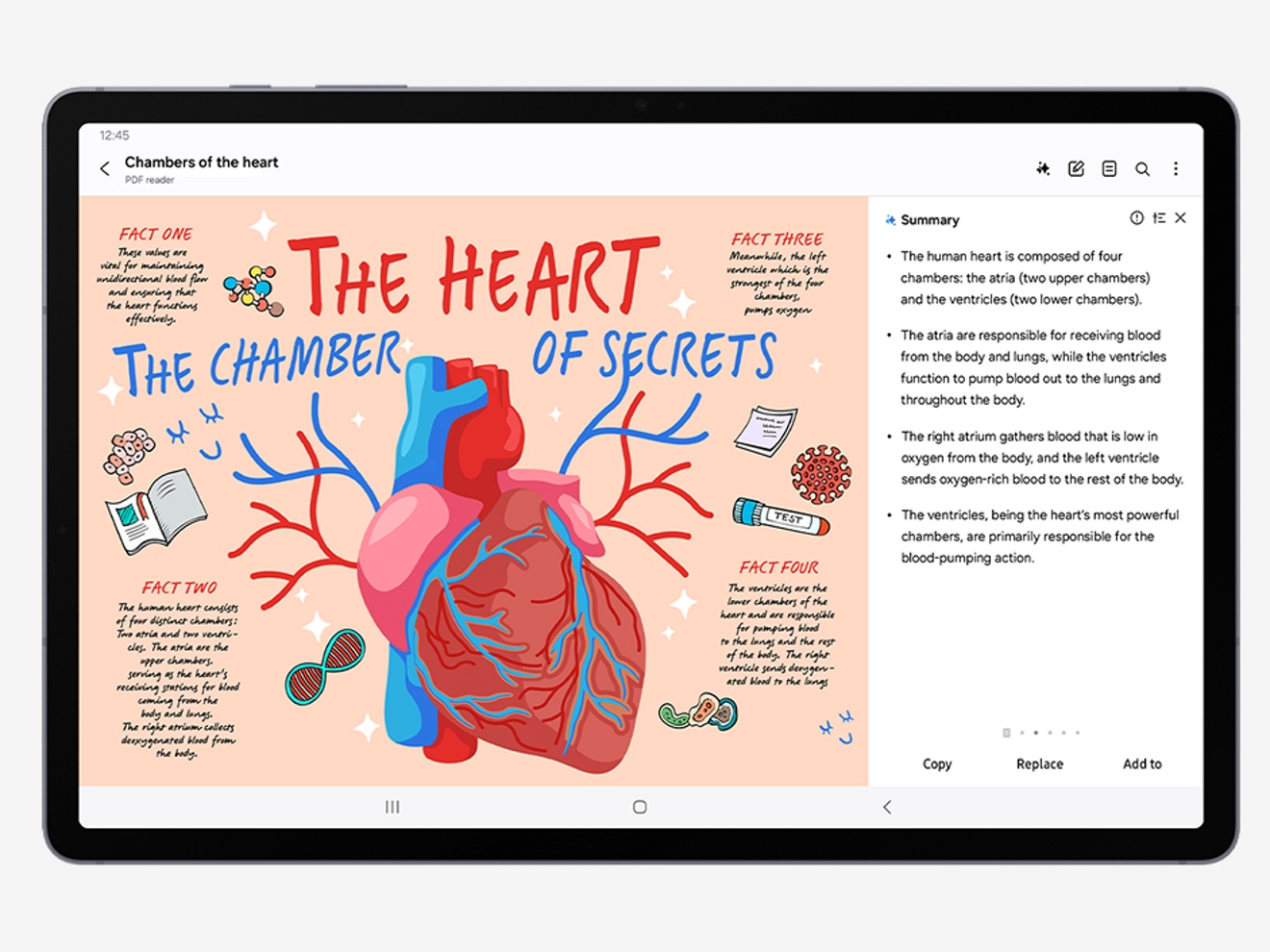 Galaxy Tab S10+ 5G que muestra la imagen de un corazón en PDF y resumen con IA