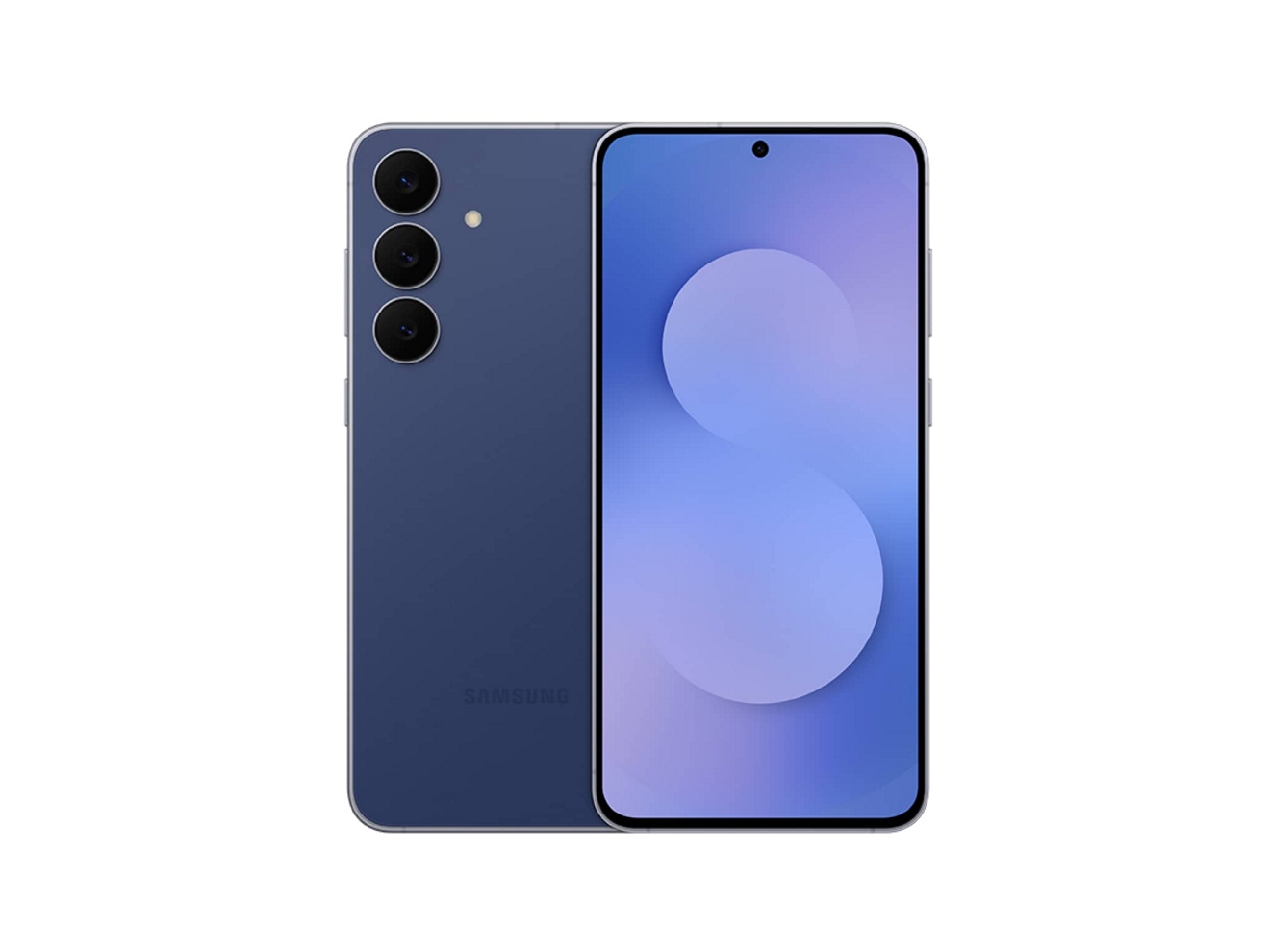 Vista frontal y posterior de dos teléfonos móviles Samsung Galaxy S25 FE en azul marino.