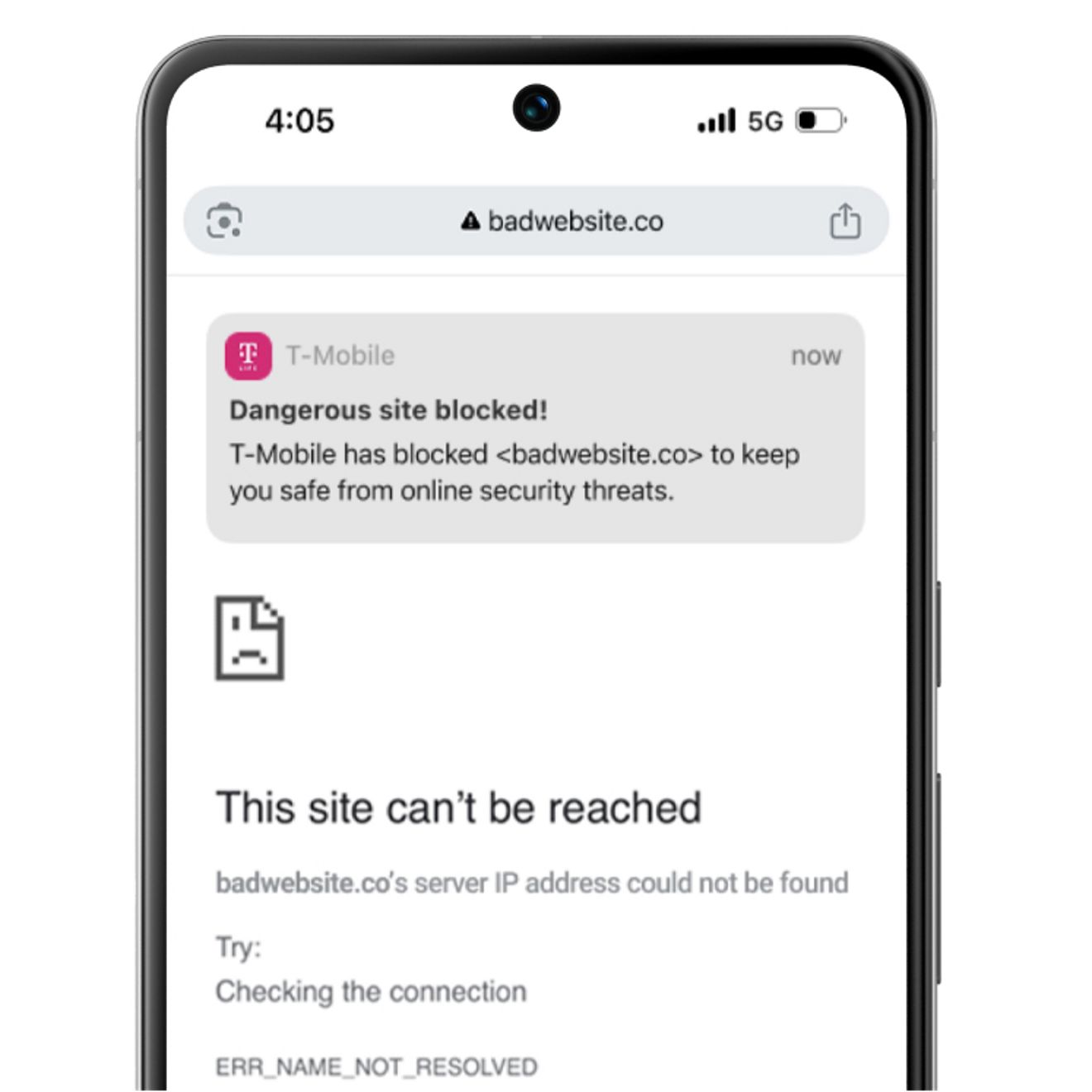 Ventana emergente del sitio de T-Mobile que dice "¡Sitio peligroso bloqueado!" en una página web