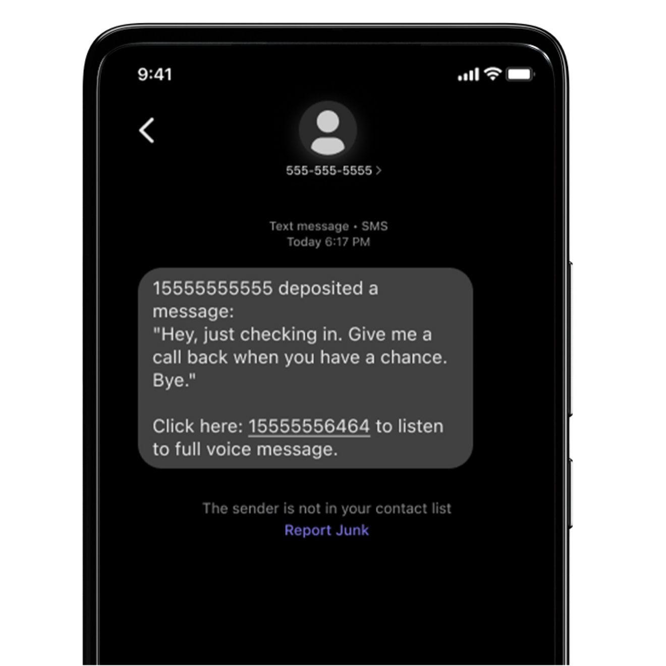 Mensaje de voz transcrito en forma de texto en la pantalla del teléfono.