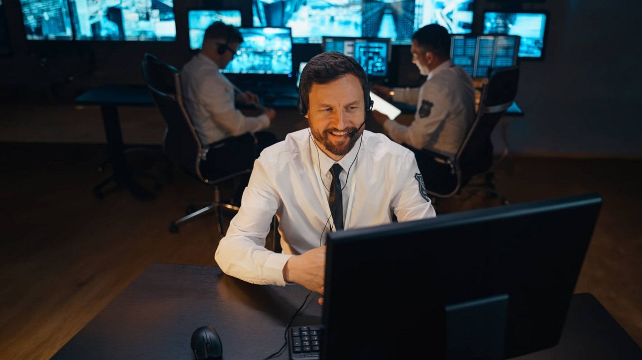 Un equipo de despacho de seguridad en un centro de comando con conectividad prioritaria para monitoreo constante.