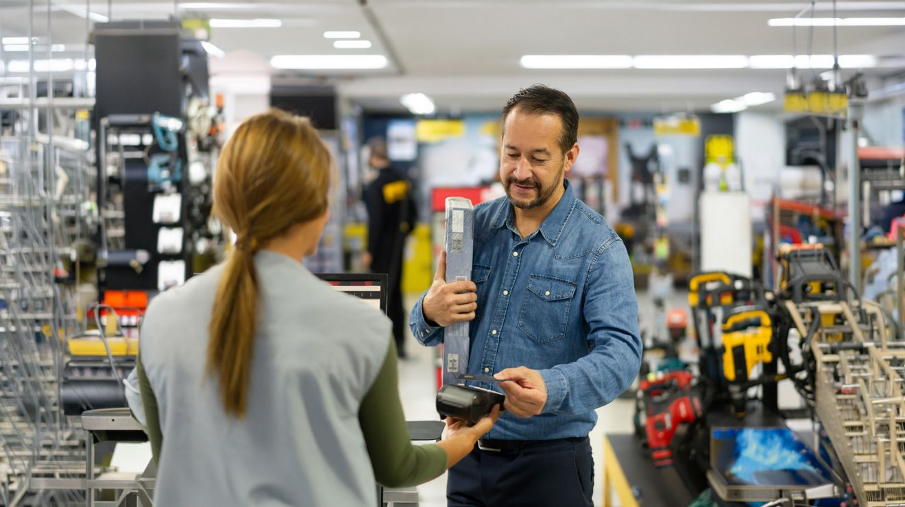 Cliente realizando una transacción segura con tarjeta de crédito en un dispositivo POS en una ferretería.