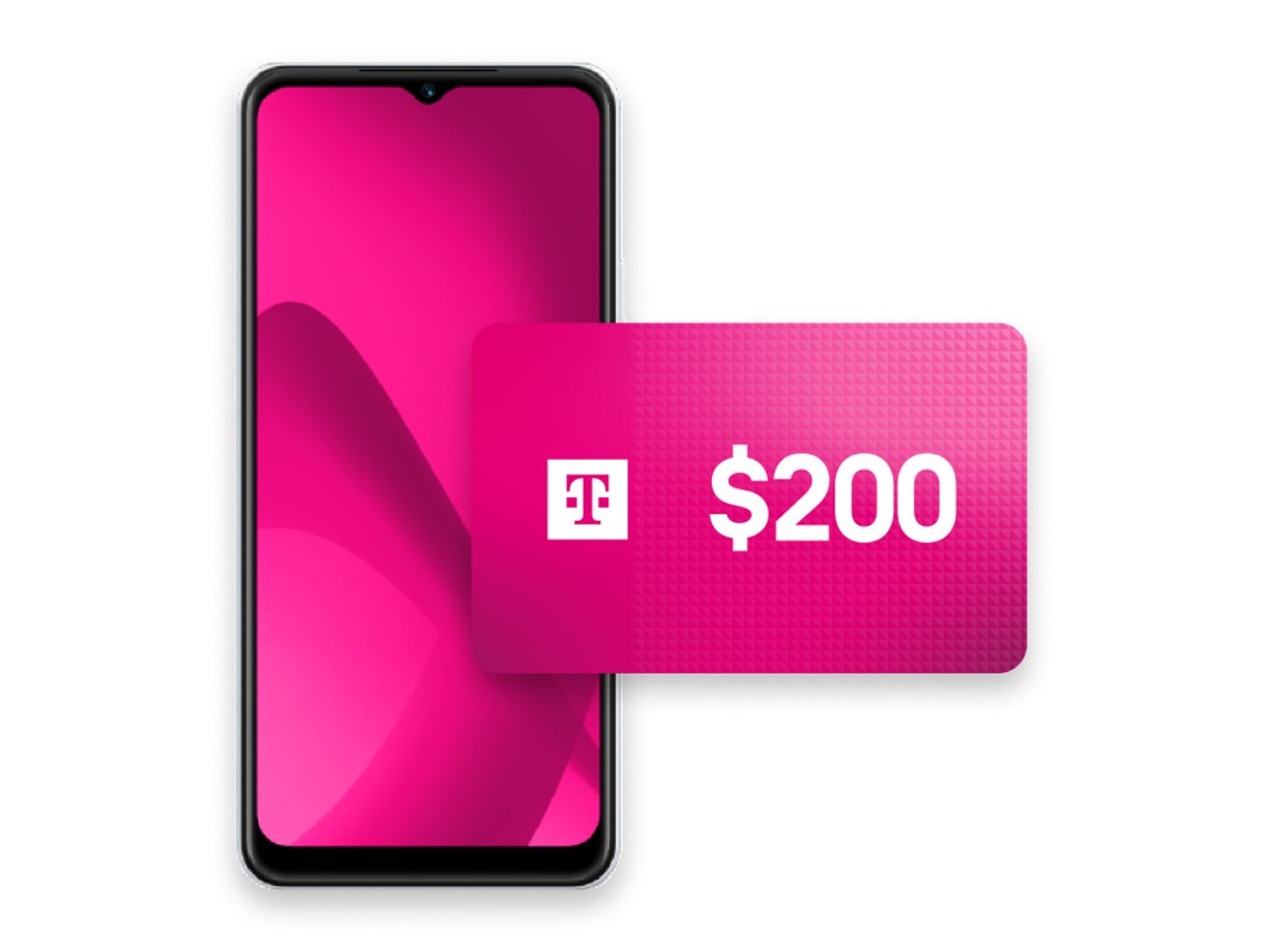 Pantalla de un smartphone con degradado magenta junto a una tarjeta de $200 con el logotipo de T-Mobile.
