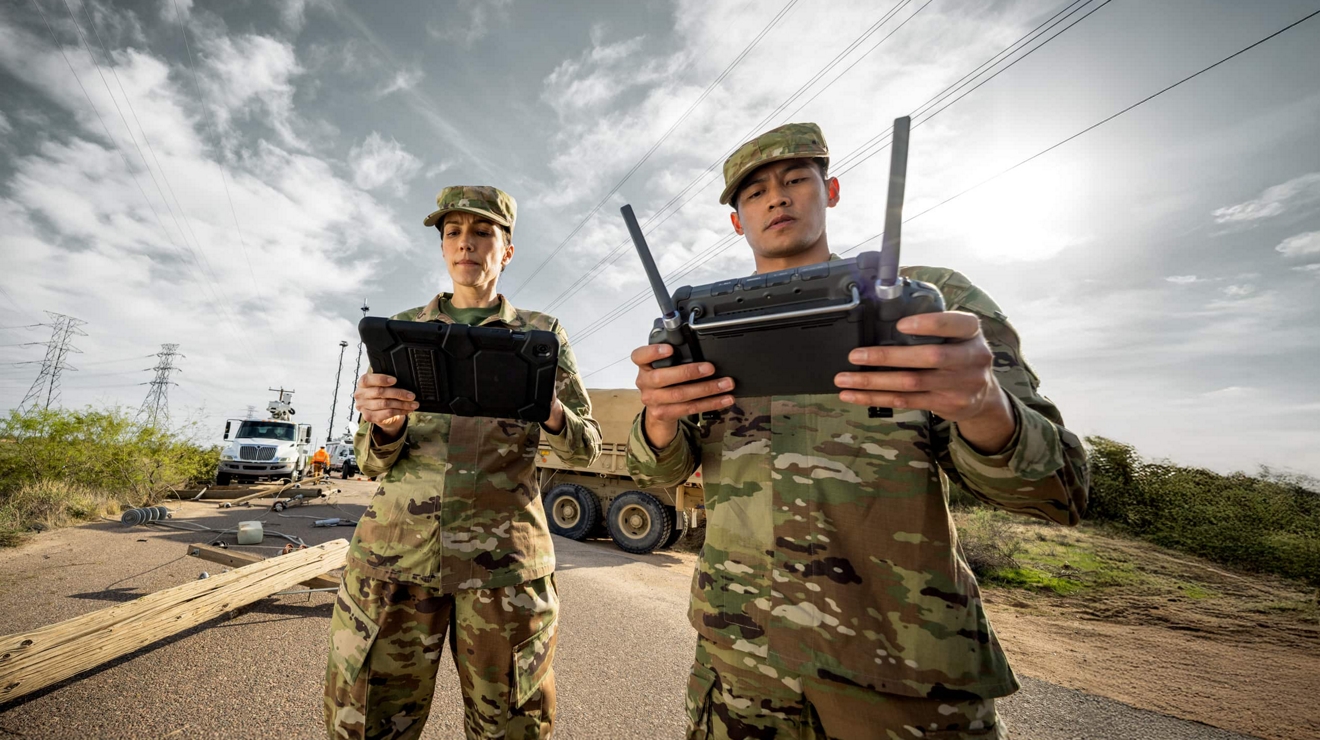 Dos miembros de servicios de emergencia federales, vestidos con uniformes de fajina, manejan un control de drones y una tablet conectada.