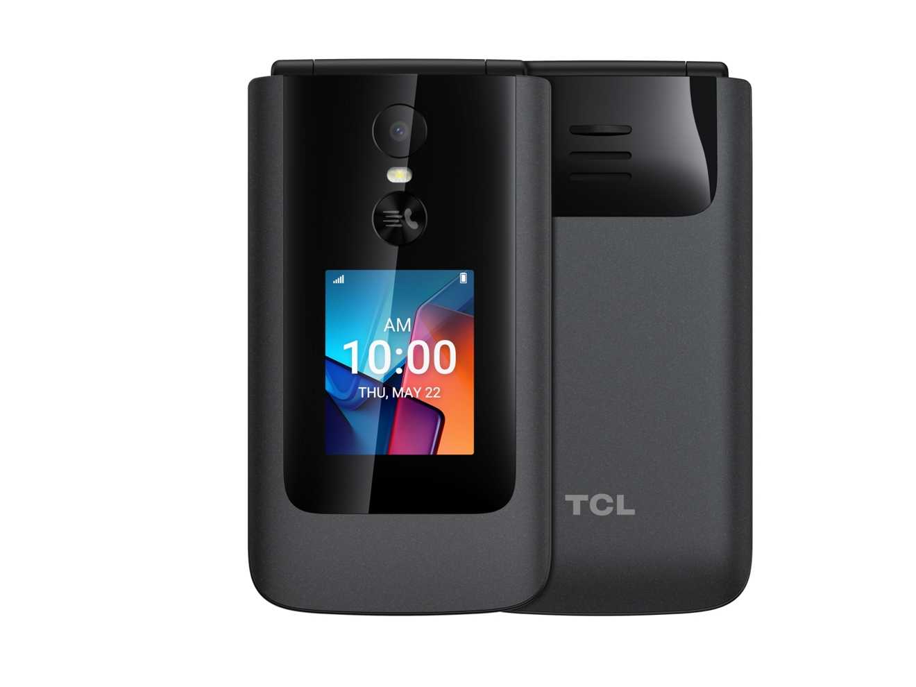 Dos dispositivos TCL FLIP 4, uno de frente y otro de atrás.