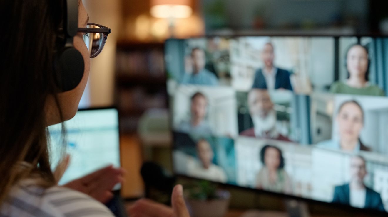 Mujer haciendo una videoconferencia o reunión virtual en pantalla en su oficina en casa, la universidad o un seminario web. Mujer, audífonos y diversidad grupal en Londres o presentación, charla o por Internet