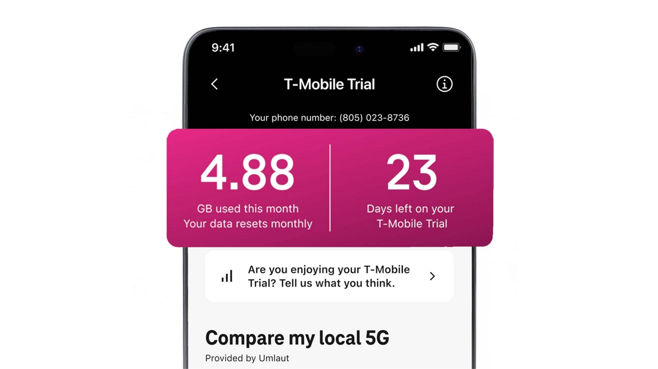 Un iPhone muestra un ejemplo de estadísticas de uso de datos y los días que quedan en la prueba de T-Mobile.