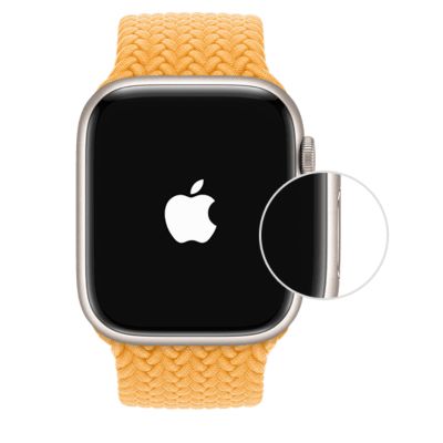 Un Apple Watch con un círculo alrededor del botón de encendido