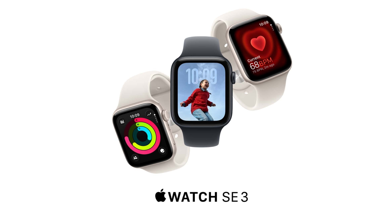 Tres dispositivos Apple Watch SE3 que muestran los círculos de actividad, la hora y la frecuencia cardíaca.