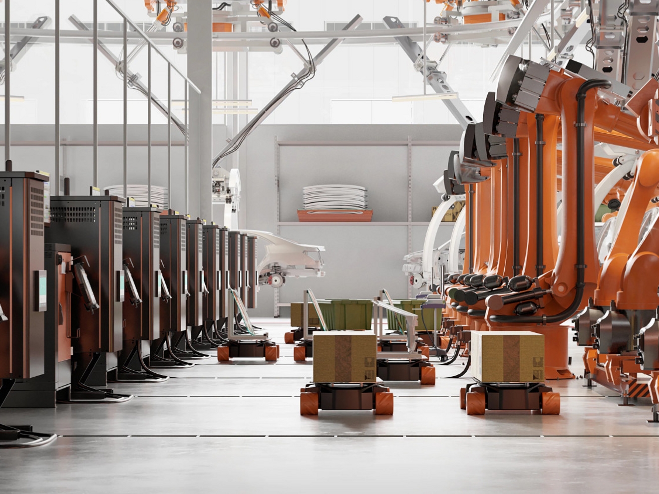 Vehículos robóticos transportan cajas en un almacén.