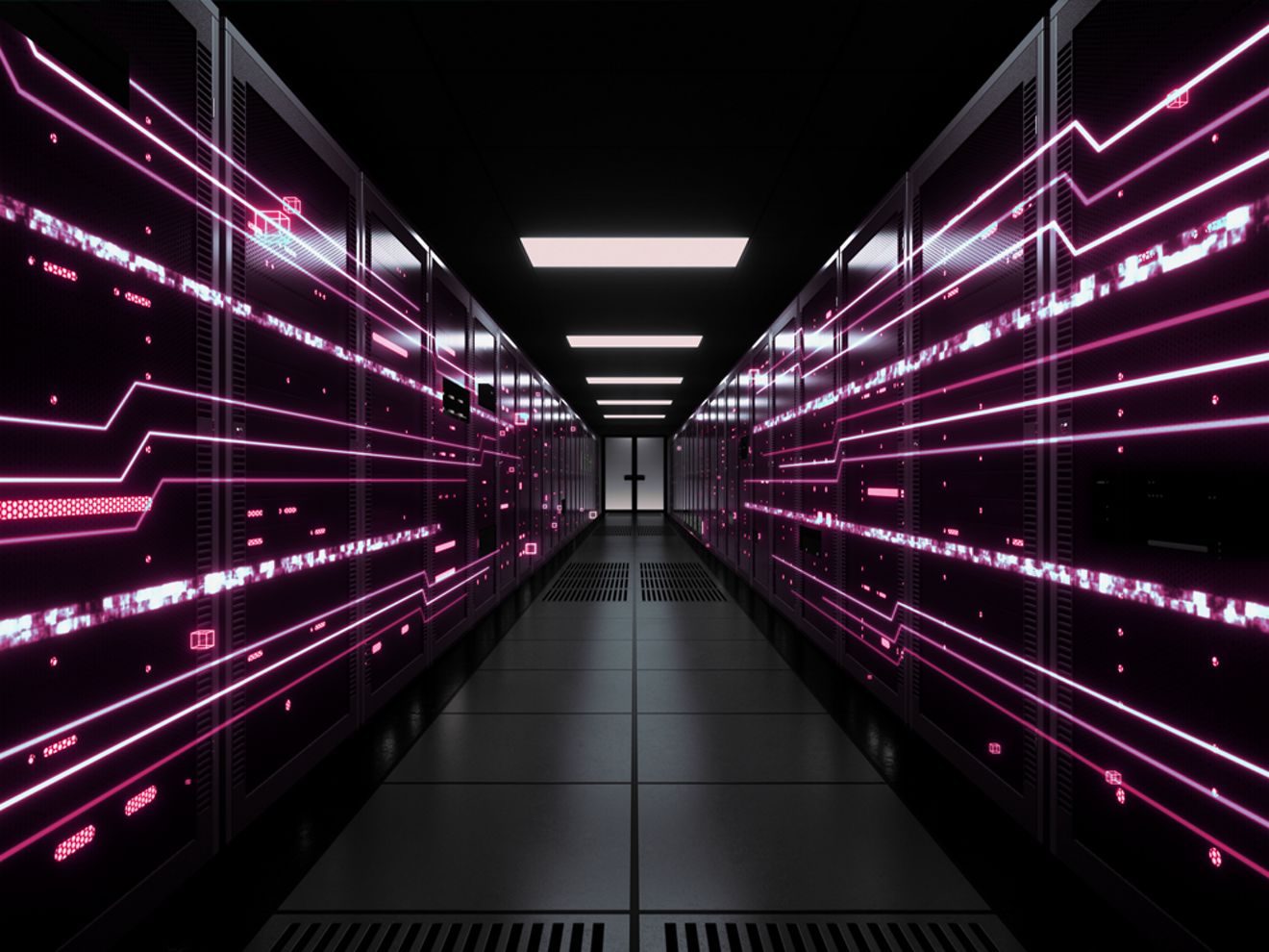 Un centro de datos futurista con iluminación magenta en las paredes.